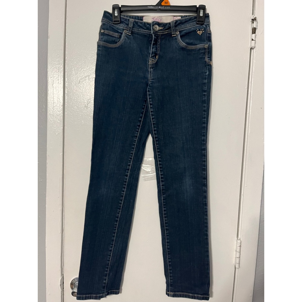 Justice Girls Dark Washโ Straight Leg Denim Jeans Blue Heart Detail Size 14R